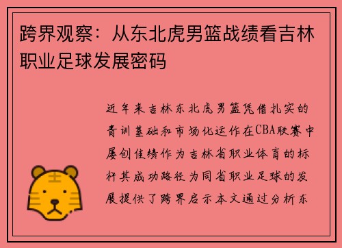 跨界观察：从东北虎男篮战绩看吉林职业足球发展密码