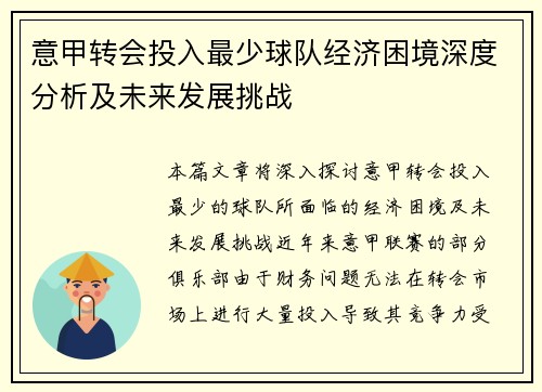 意甲转会投入最少球队经济困境深度分析及未来发展挑战