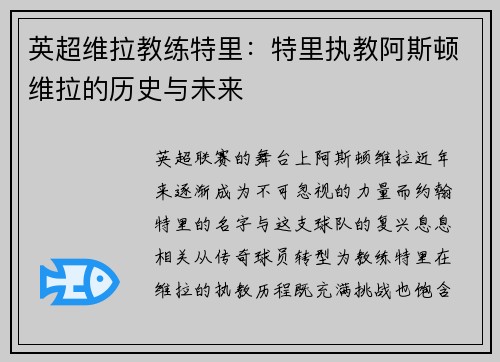 英超维拉教练特里：特里执教阿斯顿维拉的历史与未来